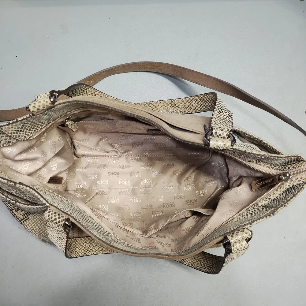 Michael Kors Shoulder Bag Womens Brown Snakeskin Print Suede Leather Zip Closure